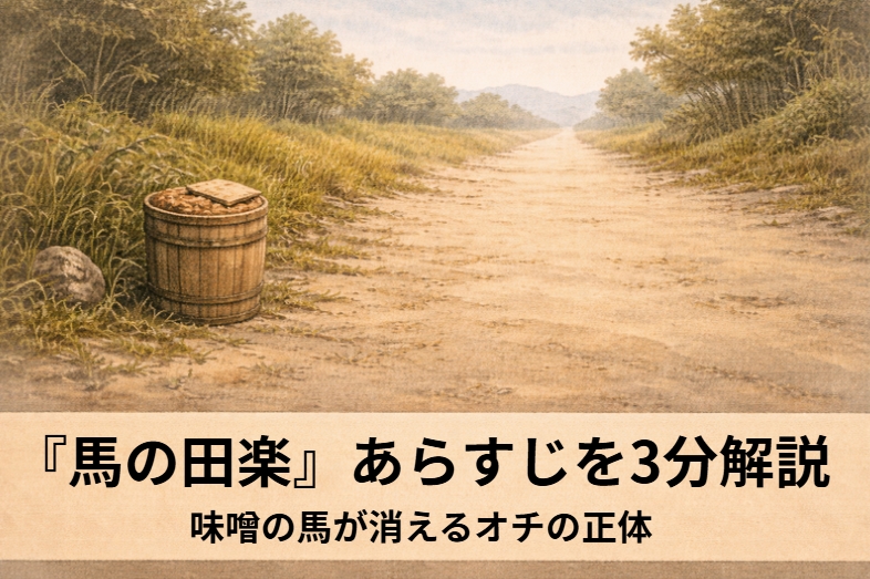 味噌樽を積んだ馬を逃がした馬方が道で尋ね回り味噌をつけた馬が馬の田楽に化けるオチになる古典落語『馬の田楽』のイメージ画像