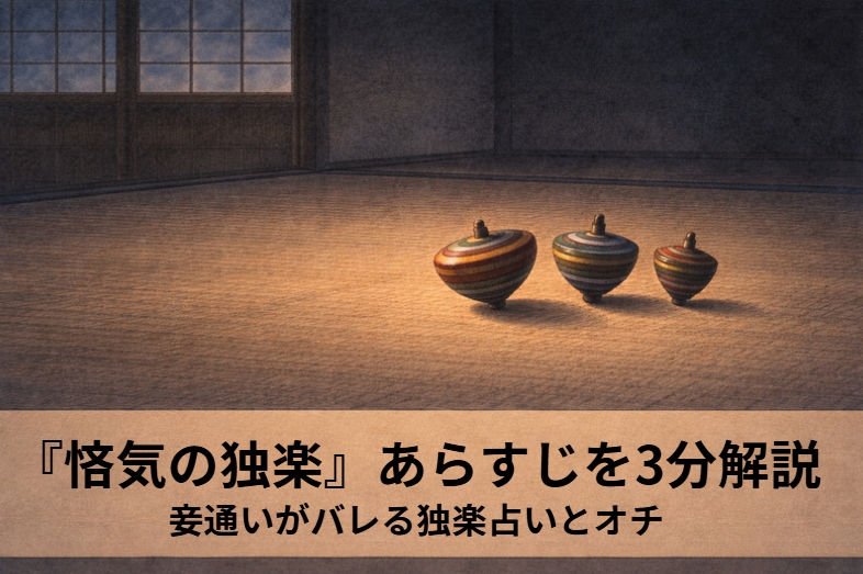 妾通いの旦那が本妻に追い詰められ独楽占いで行き先を決め芯と心を重ねたサゲで落ちる上方落語『悋気の独楽』のイメージ画像