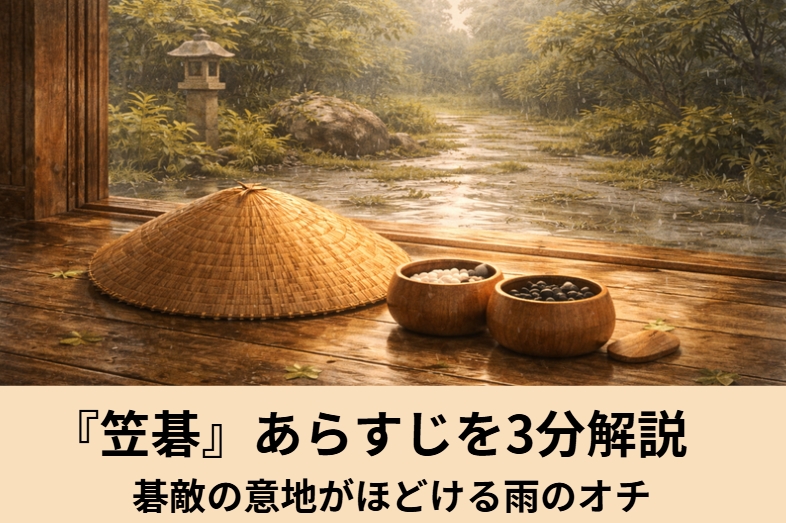 碁の待ったで絶交した隠居二人が雨の日に笠をかぶって仲直りに向かい笠を取り忘れてサゲになる古典落語『笠碁』のイメージ画像