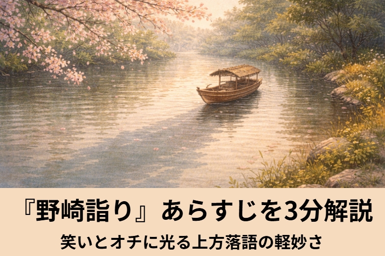 昼の舟の上で喜六と清八が土手を歩く人へ身を乗り出して声をかける一場面