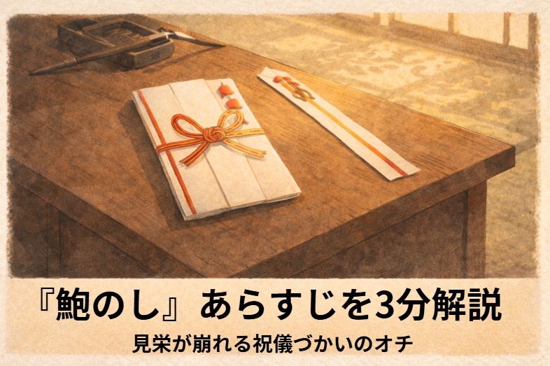 昼の長屋で甚兵衛が女房から鮑を渡され祝儀の言い方を必死に聞く一場面