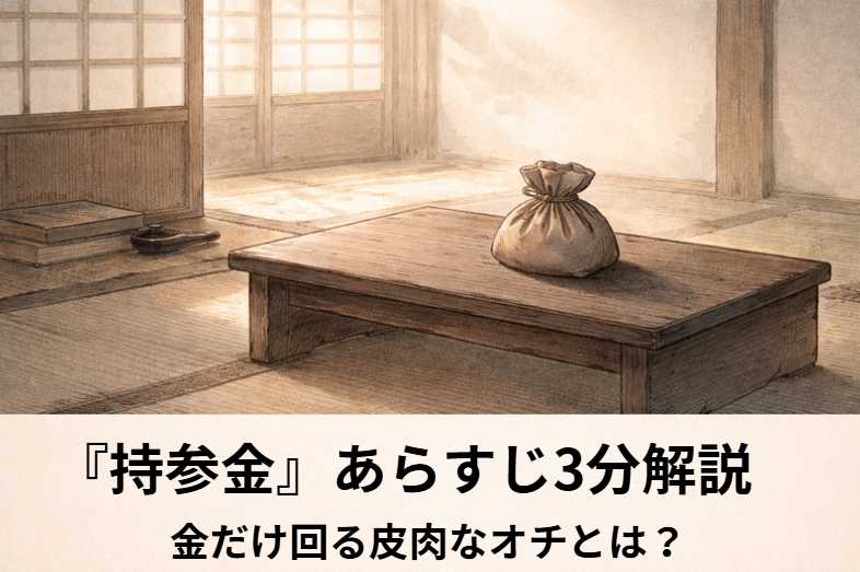 昼の長屋で仲介役が清さんへ持参金付きの縁談を持ちかける一場面