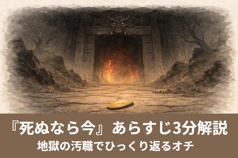昼の薄暗い地獄の役所で男が鬼へ小判を差し出し鬼が身を乗り出す一場面