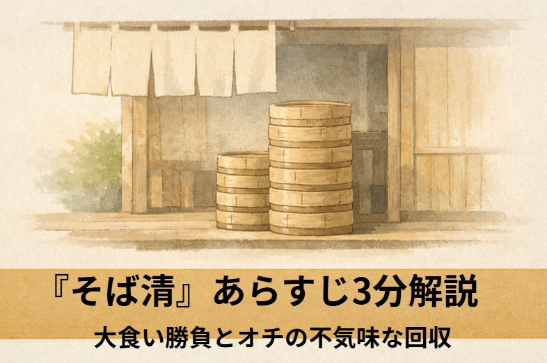 落語そば清のあらすじとオチを解説する記事のアイキャッチ、昼のそば屋で大食い自慢の男が次々もりそばを平らげる場面