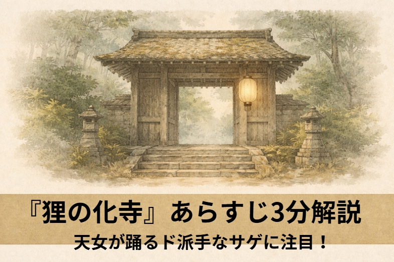 古びた寺の天井に天女が舞い、見破ったつもりの男たちが化かされる『狸の化寺』の情景