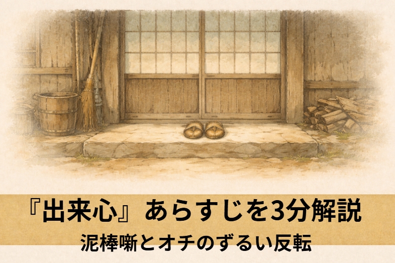 昼の裏長屋で若い泥棒が押し入れに身を潜め帰ってきた主人の様子をうかがう落語『出来心』のイメージイラスト