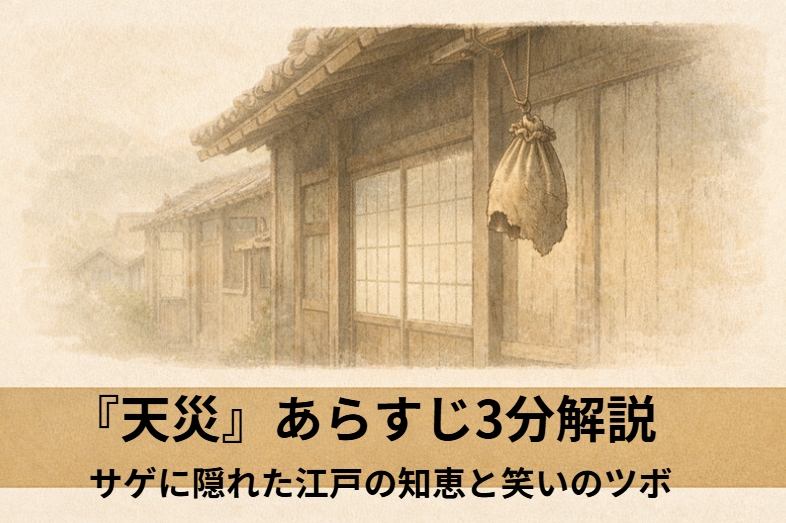 昼の町家で怒り顔の男が隠居へ身を乗り出して離縁状を書いてくれと詰め寄る落語『天災』のイメージイラスト