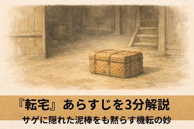 昼の貧しい長屋で帰宅した男が押し入れの気配に気づきながら何食わぬ顔で部屋に上がる落語『転宅』のイメージイラスト