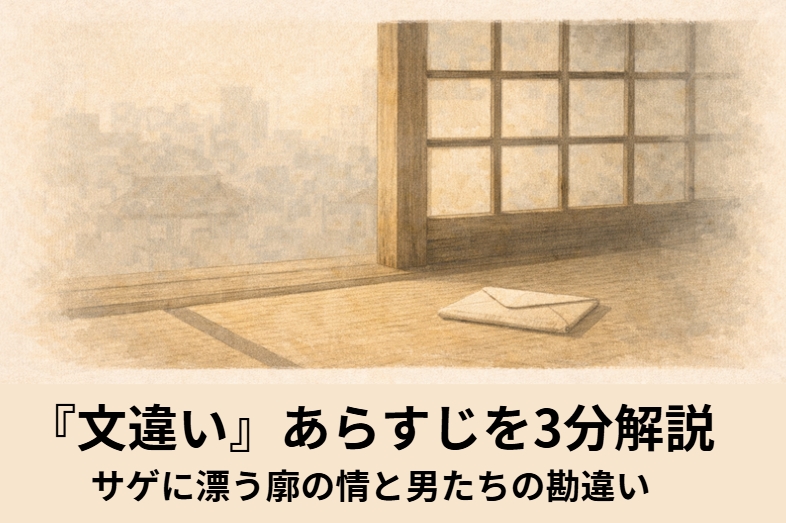 昼の新宿の座敷で遊女がなじみ客に手紙のことを打ち明け金を頼み込む落語『文違い』のイメージイラスト