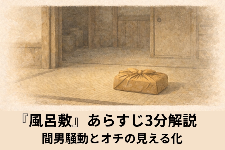 昼の長屋で女房が押し入れの前で困り果て眠り込んだ亭主を見下ろす落語『風呂敷』のイメージイラスト
