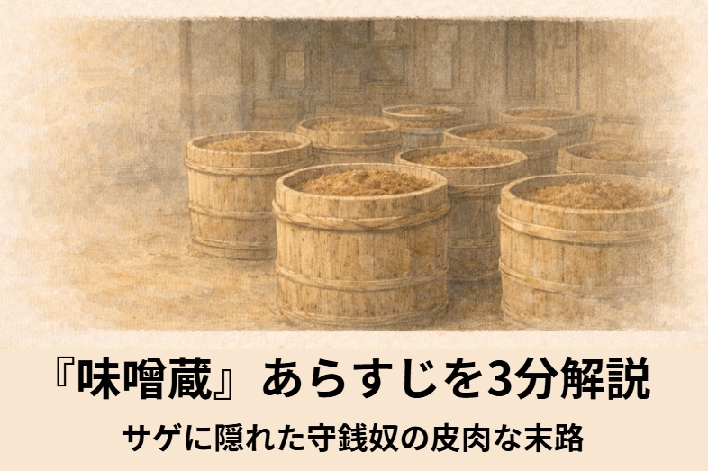 昼の味噌問屋の座敷で奉公人たちが酒と田楽を囲み留守中の宴会に沸く落語『味噌蔵』のイメージイラスト