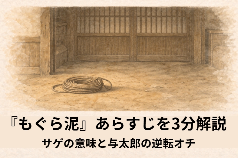昼の商家の土間で敷居の下から伸びた腕を主人が見つけ縛ろうとする落語『もぐら泥』のイメージイラスト