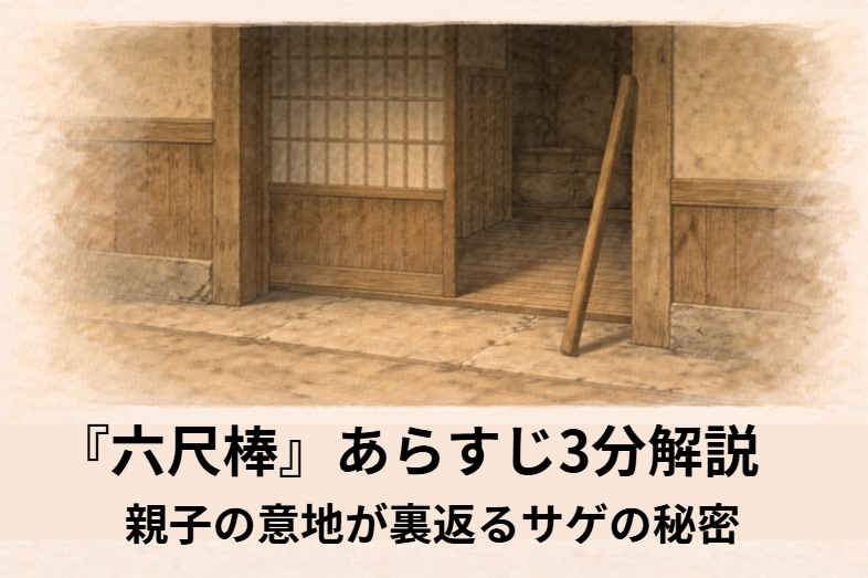 昼の商家の表で若旦那が閉まった戸をたたき中の父親が開けずに応じる落語『六尺棒』のイメージイラスト