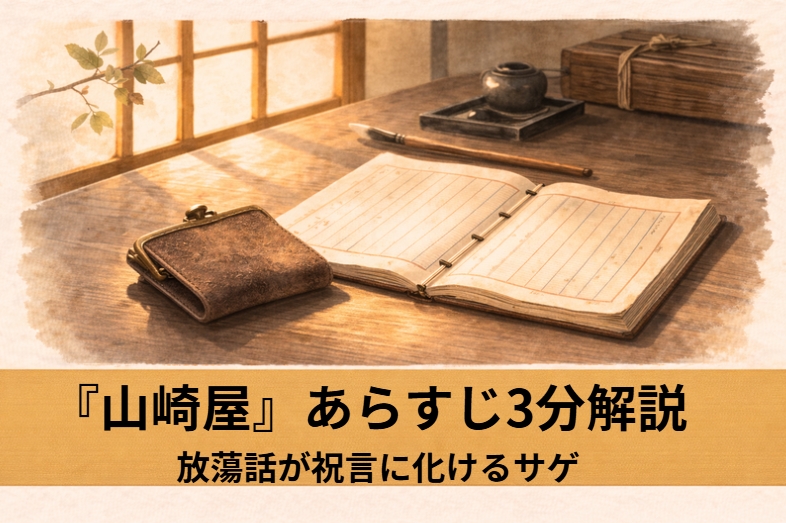 昼の番頭部屋で若旦那が番頭へ金を工面しろと身を乗り出して迫る落語『山崎屋』のイメージイラスト