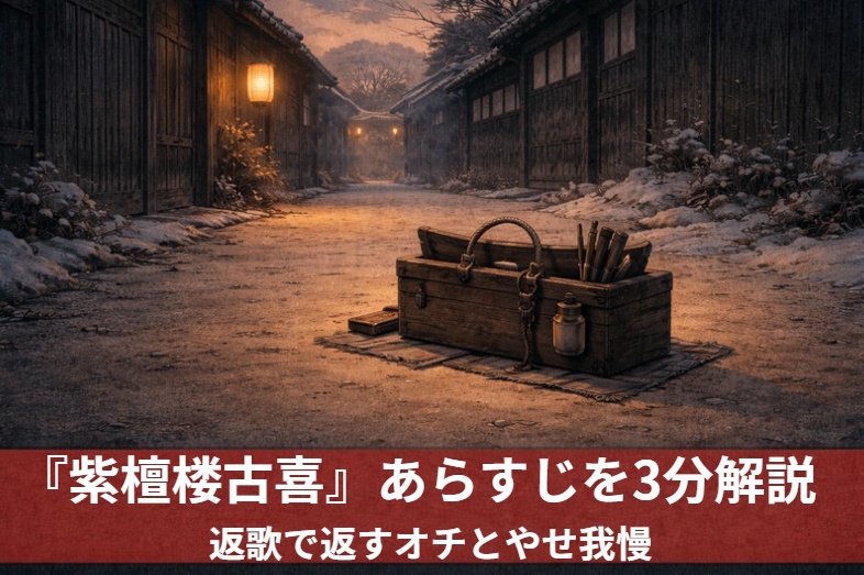 落語『紫檀楼古喜』で羅宇屋の古喜が屋敷先で煙管の修理を頼まれ、侮られながらも静かに仕事をする場面のアイキャッチ画像