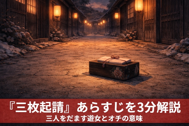落語『三枚起請』で遊女からもらった起請文を男たちが座敷で見比べ、だまされたと気づく場面を表したアイキャッチ画像