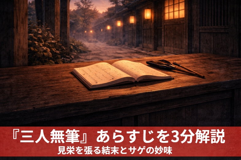 落語『三人無筆』の寺の帳場で帳面を前に困り果てた二人の男が顔を見合わせる場面を描いたアイキャッチ画像