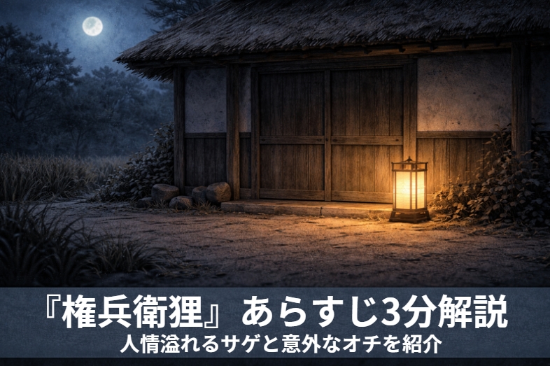 落語『権兵衛狸』の夜の農家の戸口で権兵衛が戸を開け狸が転がり込む場面を描いたアイキャッチ画像
