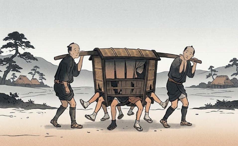 明け方の街道で底の抜けた駕籠から八本の足がのぞく滑稽な一場面