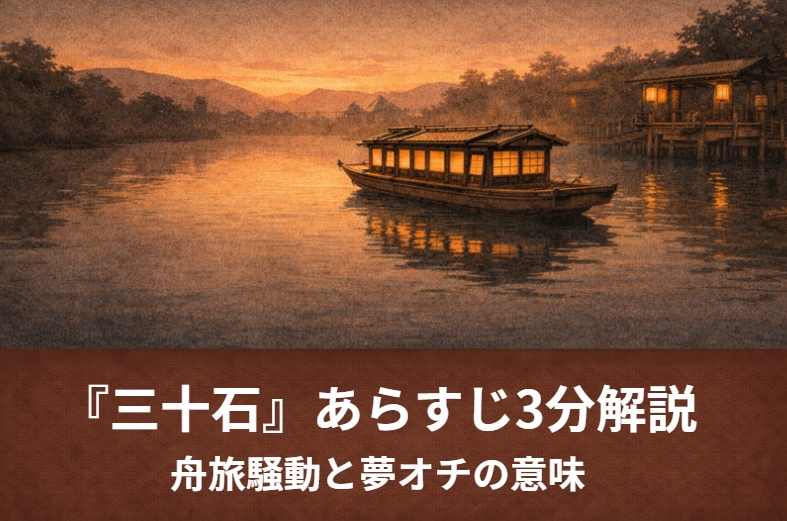 落語『三十石』の伏見の船着場で旅人たちが三十石船へ乗り込む場面を描いたアイキャッチ画像