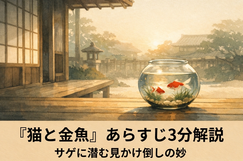 落語『猫と金魚』の風呂場前で番頭が金魚鉢を見上げて困る場面を描いたアイキャッチ画像