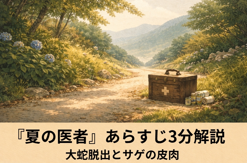 落語『夏の医者』の山道で薬箱を抱えた医者が汗をぬぐう場面を描いたアイキャッチ画像