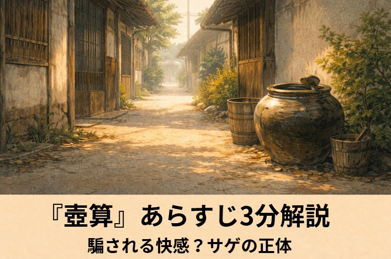 落語『壺算』の瀬戸物屋で小さな水壺を前に勘定を考え込む男を描いたアイキャッチ画像