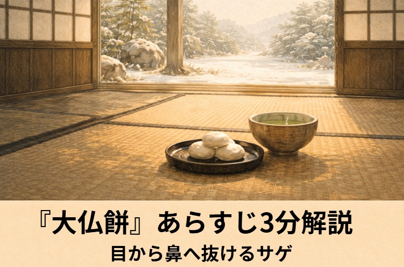 落語『大仏餅』の商家の玄関先で子どもが器を抱えて頭を下げる場面を描いたアイキャッチ画像