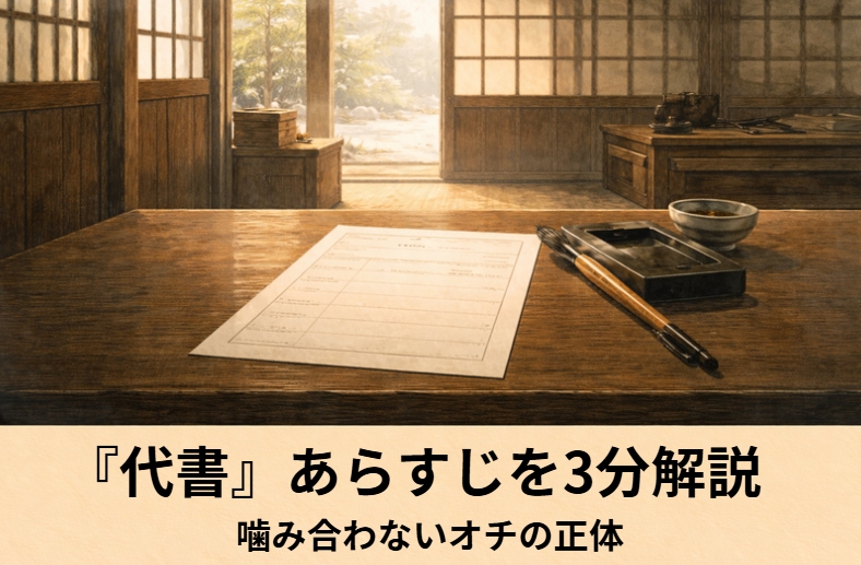 落語『代書』の代書屋が履歴書を書こうとして客の答えに戸惑う場面を描いたアイキャッチ画像