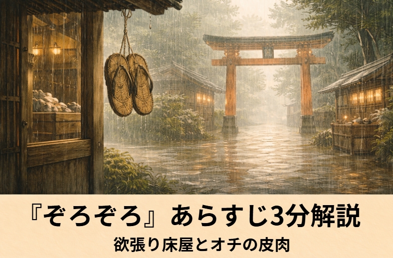 落語『ぞろぞろ』の門前茶屋で天井から現れる草履を見上げる娘を描いたアイキャッチ画像