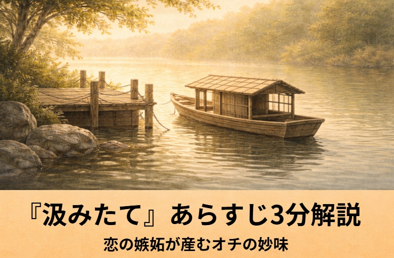 落語『汲みたて』の舟遊びと嫉妬する男たちの騒ぎを描いたアイキャッチ画像