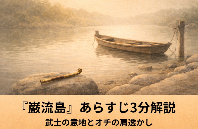 渡し舟の上で雁首を落とした若侍が川面をのぞき込み、巌流島めいた空気が立ち上がる場面を描いたアイキャッチ画像