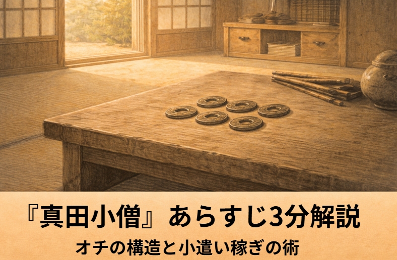 昼の町家の縁側で子どもが小銭を握りしめ得意げにふり返る落語『真田小僧』のアイキャッチ画像