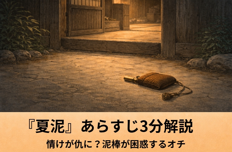昼の貧乏長屋の一室で泥棒が短刀を手に立ち尽くし、寝転ぶ男が気だるく見上げている落語『夏泥』のアイキャッチ画像