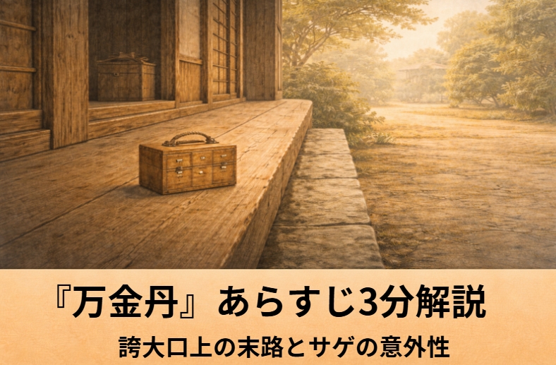 昼の寺の庫裏でやせた旅人二人が坊主の前に座り食べ物を差し出されている、落語『万金丹』の始まりを描いたアイキャッチ画像