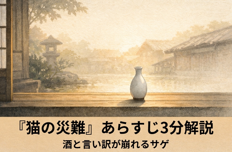 昼の町家の台所口で酒の匂いに気づいた男が身を乗り出す、落語『猫の災難』の酒欲と見栄の始まりを描いたアイキャッチ画像