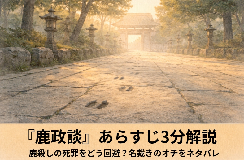 奈良の町外れで倒れた鹿を前に男が立ち尽くし、落語『鹿政談』の名裁きへつながる緊張感を描いたイメージ画像