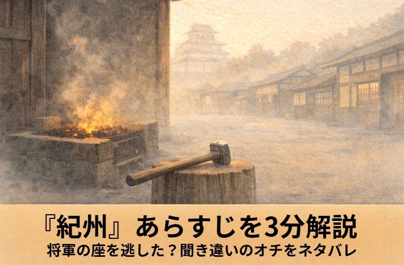 城下で尾州公の駕籠が鍛冶屋の前を通り、将軍継承をめぐる聞き違いの伏線となる槌音が響く落語『紀州』のイメージ画像