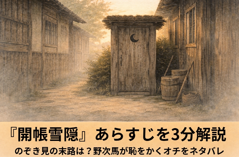 板塀越しに雪隠を気にして集まる野次馬たちと、のぞき見の騒ぎが広がる落語『開帳雪隠』のイメージ画像