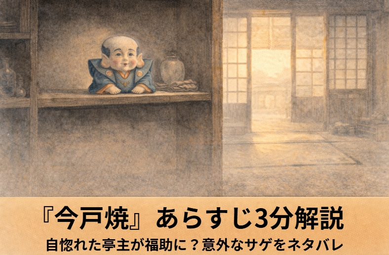 芝居帰りの女房を待って不機嫌に座る亭主と、夫婦の言い合いから福助オチへ向かう落語『今戸焼』のイメージ画像