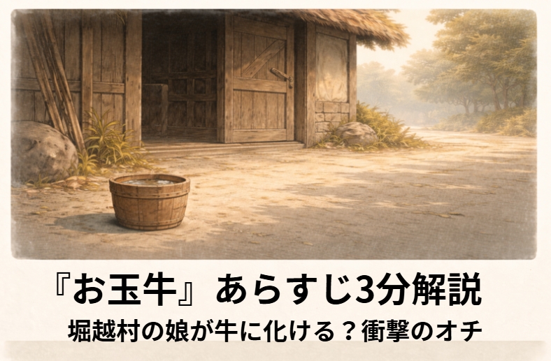 落語『お玉牛』のイメージ。村はずれで若者たちがお玉の噂に盛り上がり、恋の思い込みが始まる場面のアイキャッチ画像