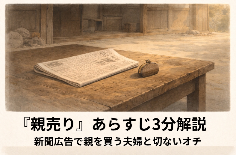 落語『親売り』のイメージ。長屋で若い夫婦が新聞の「親売ります」の広告を見つめ、思わず顔を見合わせる場面のアイキャッチ画像