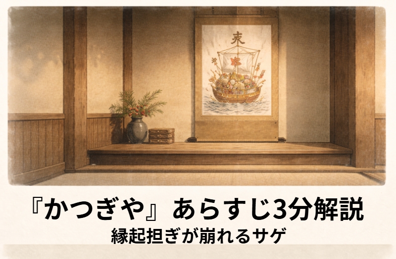 落語『かつぎや』のイメージ。正月の呉服屋で主人が縁起の悪い言葉に顔をしかめ、番頭と丁稚が気を遣う場面のアイキャッチ画像