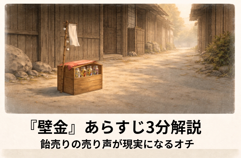 落語『壁金』のイメージ。長屋の路地で飴売りにからむ酔っぱらいと、騒ぎの始まりを描いたアイキャッチ画像