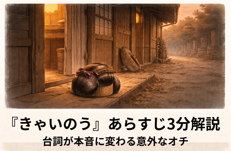 昼の楽屋口で若い役者が鬘の支度がなく立ち尽くす『きゃいのう』の一場面