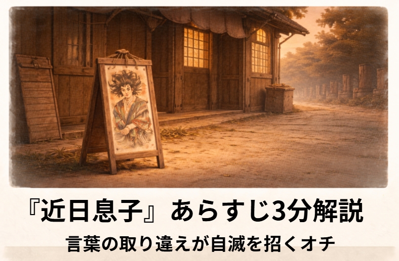 昼の長屋で父親が芝居の無駄足を怒り息子が首をかしげる『近日息子』の場面