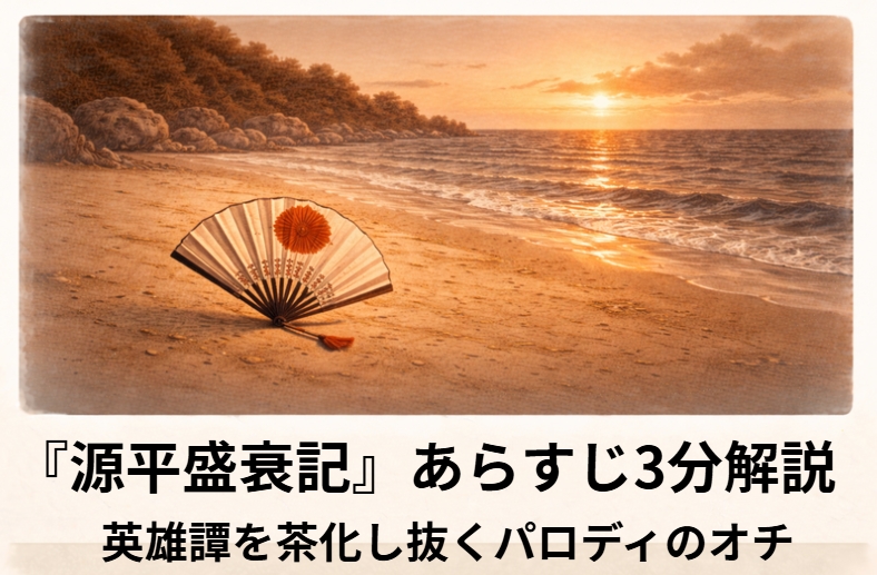 落語『源平盛衰記』のアイキャッチ画像 alt：座敷で語り手が扇を手に源平の名場面を勢いよく語る『源平盛衰記』の情景