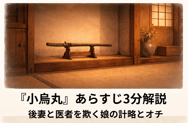 落語『小烏丸』のアイキャッチ画像 alt：商家の座敷で父を守るため娘が静かに計略を相談する『小烏丸』の情景