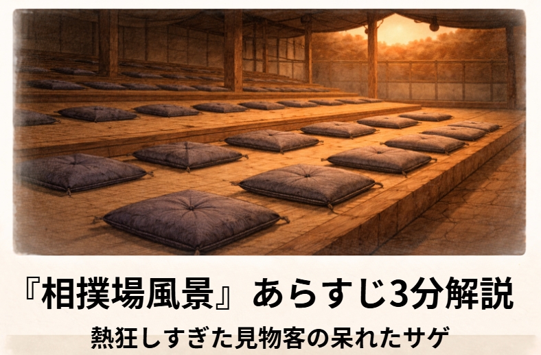 落語『相撲場風景』のアイキャッチ画像 alt：満員の相撲小屋で見物客たちが前のめりに土俵を見つめる『相撲場風景』の情景