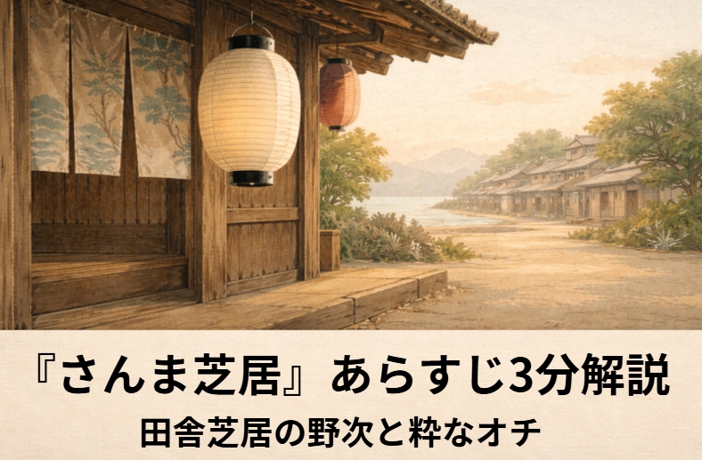 落語『さんま芝居』のアイキャッチ画像 alt：浜近くの素朴な芝居小屋で田舎芝居の舞台を見上げる旅の男たちを描いた『さんま芝居』の情景